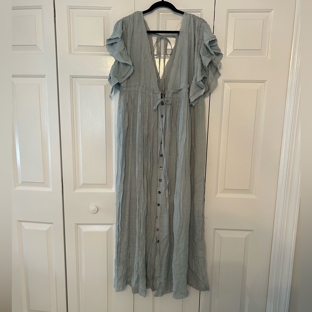 Flowy Dusty Blue Button Front Dress with Ruffles NWOT